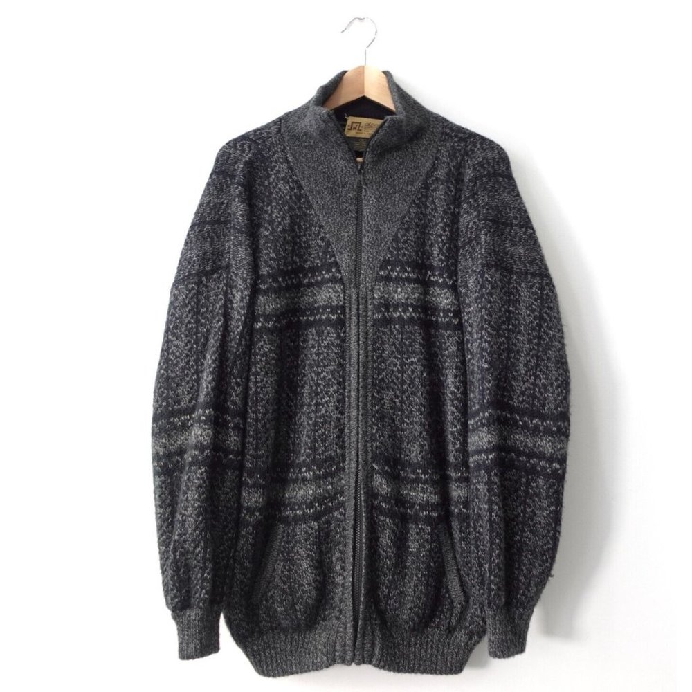 VINTAGE Alpaca Sweater Mens XL Black Wool Knit Full Zip Western Aztec Retro PERU